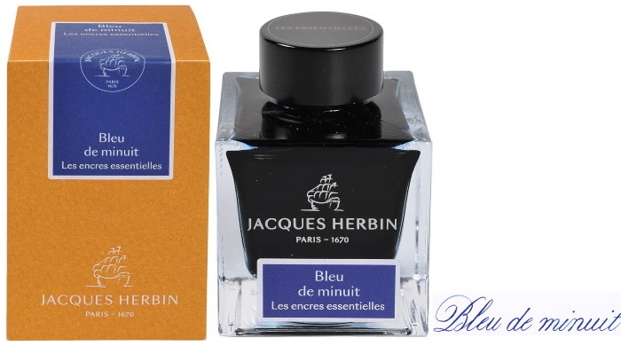 Bouteille d'encre Jacques Herbin, série Les encres Essentielles Bleu de minuit