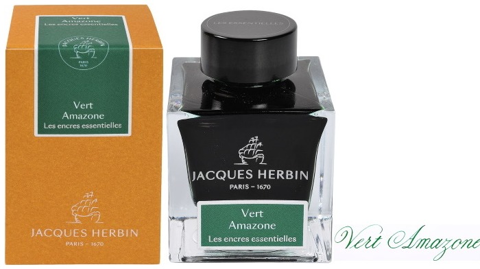 Bouteille d'encre Jacques Herbin, série Les encres Essentielles Vert Amazone