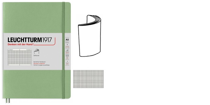 Leuchtturm1917 Notebook, Notebook Medium (A5) Softcover series Sage (Squared, 145 x 210mm)