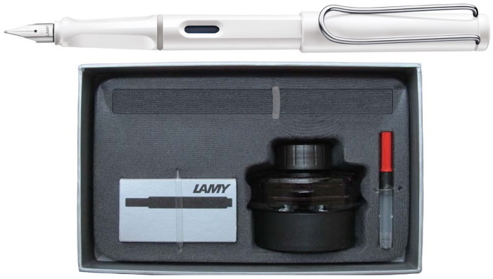 Ensemble stylo plume Lamy, série Safari Blanc Clip Chrome 