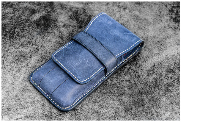 Galen Leather Co. Pen pouch, Leather Flap Pen Case (3) series Crazy Horse Navy Blue