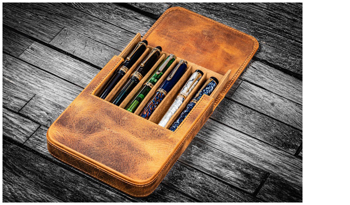 Galen Leather Co. Pen pouch, Leather Magnum Opus 6 Slots series Crazy Horse Brown