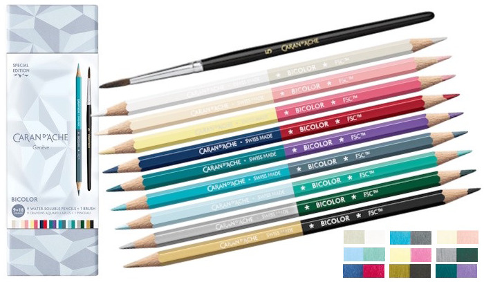 Caran d'Ache Colored pencil set, Alpine Frost SE series (9 bicolor water-soluble pencils + 1 brush)