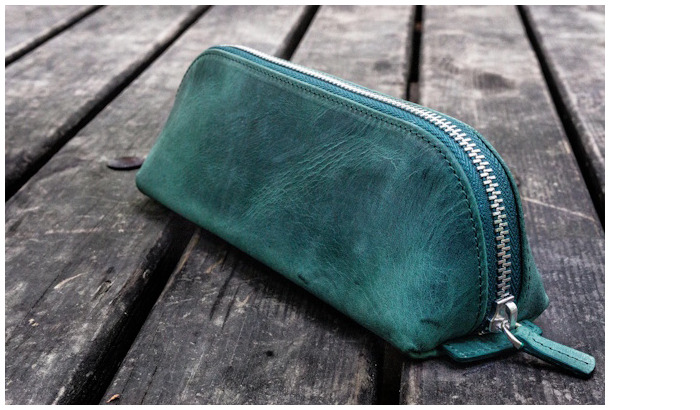 Galen Leather Co. Pouch, XLarge Zipper Leather Pencil Case series Crazy Horse Forest Green