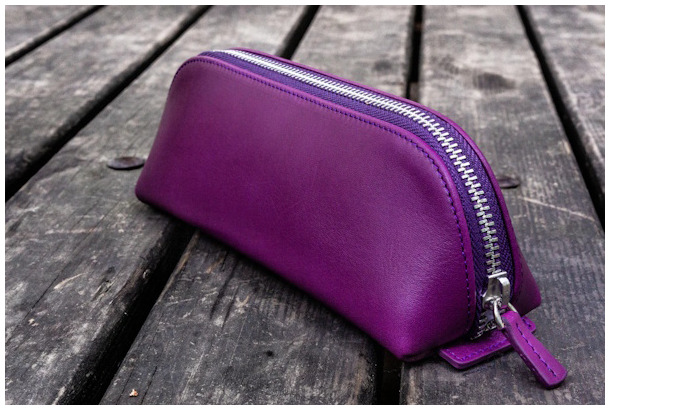 Galen Leather Co. Pouch, XLarge Zipper Leather Pencil Case series Purple