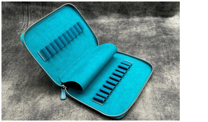 Étui pour stylo Galen Leather Co., série Leather Zippered 20 Slots Bleu Océan Crazy Horse
