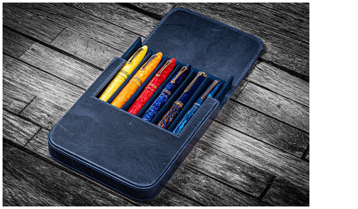 Étui pour stylo Galen Leather Co., série Leather Magnum Opus 6 Slots Bleu Marine Crazy Horse  