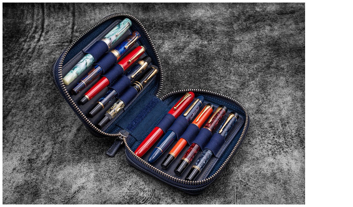 Étui pour stylo Galen Leather Co., série Expansi-Pouch Leather Wide 10 Slots - A6 Zip Folio Bleu Marine Crazy Horse    