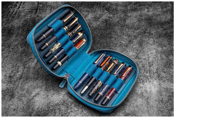 Étui pour stylo Galen Leather Co., série Expansi-Pouch Leather Wide 10 Slots - A6 Zip Folio Bleu Océan Crazy Horse 