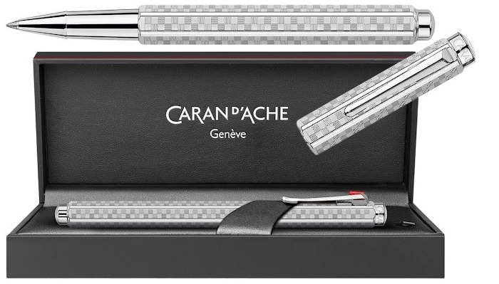 Stylo bille roulante Caran d'Ache, série Ecridor Damier Platine