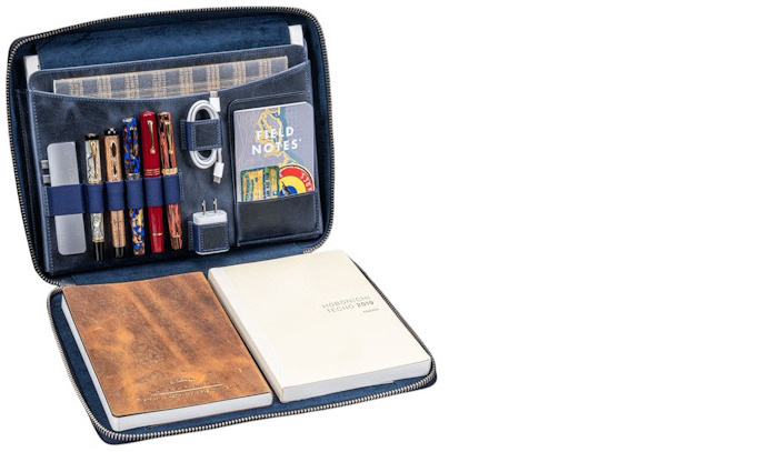 Sac Galen Leather Co., série Leather Compendium Bag - A4 Zippered Folio Organizer Bleu marine Crazy Horse