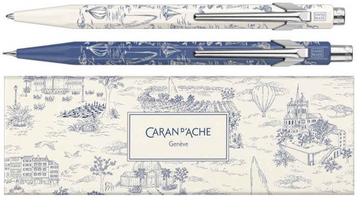 Caran d'Ache Ballpoint pen & mechanical pencil set, 849 & 844 Toile de Jouy - Geneva Edition SE series White & Blue (0.5mm)