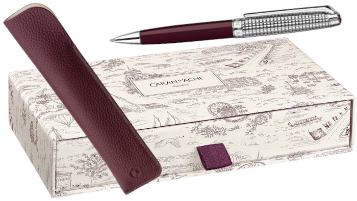 Caran d'Ache Ballpoint pen & pouch set, Leman Toile de Jouy - Geneva Edition SE series Burgundy