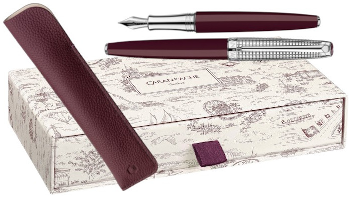 Caran d'Ache Fountain pen & pouch set, Leman Toile de Jouy - Geneva Edition SE series Burgundy