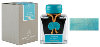 Bouteille d'encre Jacques Herbin, série Encres 1670 Turquoise de Perse (paillettes dorées)