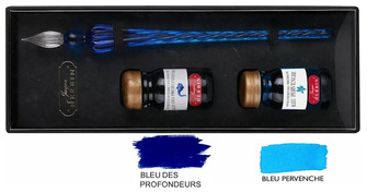 Ensemble stylo plume de verre & bouteilles d'encre Jacques Herbin Outremer