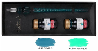 Ensemble stylo plume de verre & bouteilles d'encre Jacques Herbin Émeraude