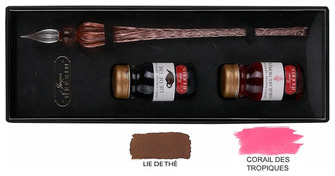 Ensemble stylo plume de verre & bouteilles d'encre Jacques Herbin Corail