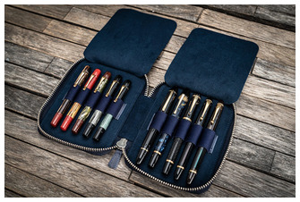 Étui pour stylo Galen Leather Co., série Leather Zippered 10 Slots Bleu Marine Crazy Horse