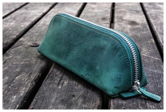 Galen Leather Co. Pouch, XLarge Zipper Leather Pencil Case series Crazy Horse Forest Green