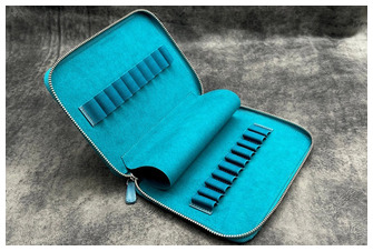 Galen Leather Co. Pen pouch, Leather Zippered 20 Slots series Crazy Horse Ocean Blue  