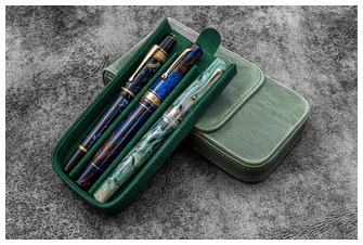 Galen Leather Co. Pen pouch, Leather Magnum Opus 3 Slots series Crazy Horse Forest Green   
