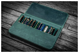 Galen Leather Co. Pen pouch, Leather Magnum Opus 12 Slots series Crazy Horse Forest Green   