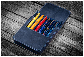 Galen Leather Co. Pen pouch, Leather Magnum Opus 6 Slots series Crazy Horse Navy Blue  