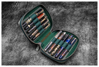 Galen Leather Co. Pen pouch, Expansi-Pouch Leather Wide 10 Slots - A6 Zip Folio series Crazy Horse Forest Green 