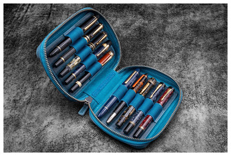 Galen Leather Co. Pen pouch, Expansi-Pouch Leather Wide 10 Slots - A6 Zip Folio series Crazy Horse Ocean Blue 