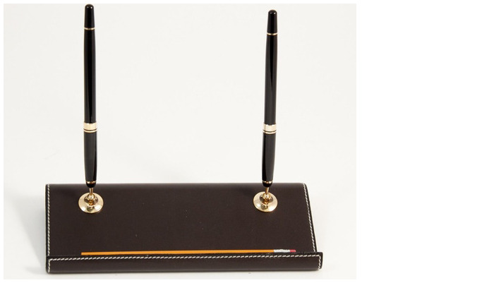 Bey-Berk Pens on stand, Desk series Black GT/Brown leather (Double)