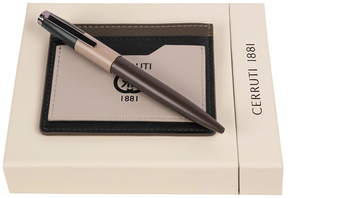 Cerruti 1881 Ballpoint pen & Card holder set, Brick series Khaki, beige & black