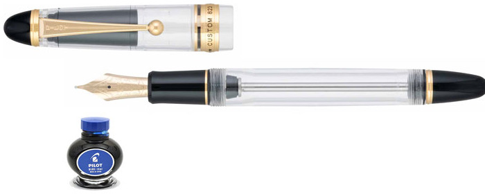 Stylo plume Pilot, série Custom 823 Clear GT (Encre bleu)