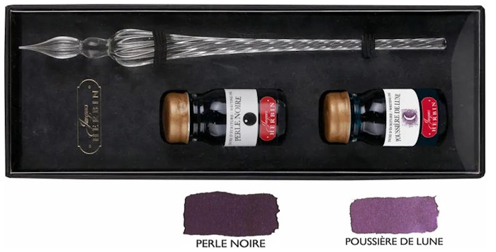 Ensemble stylo plume de verre & bouteilles d'encre Jacques Herbin Transparent
